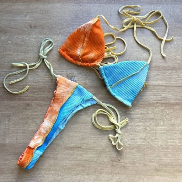 Fashion Nova Hidden Hills Blue Orange Ribbed String Bikini Women's Size Small S - Picture 1 of 6